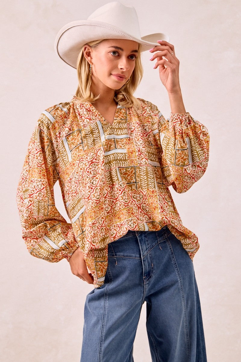 Printed V-Neck Blouse
