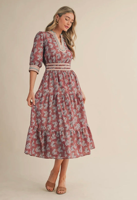 Floral Scallop Detail Midi Dress