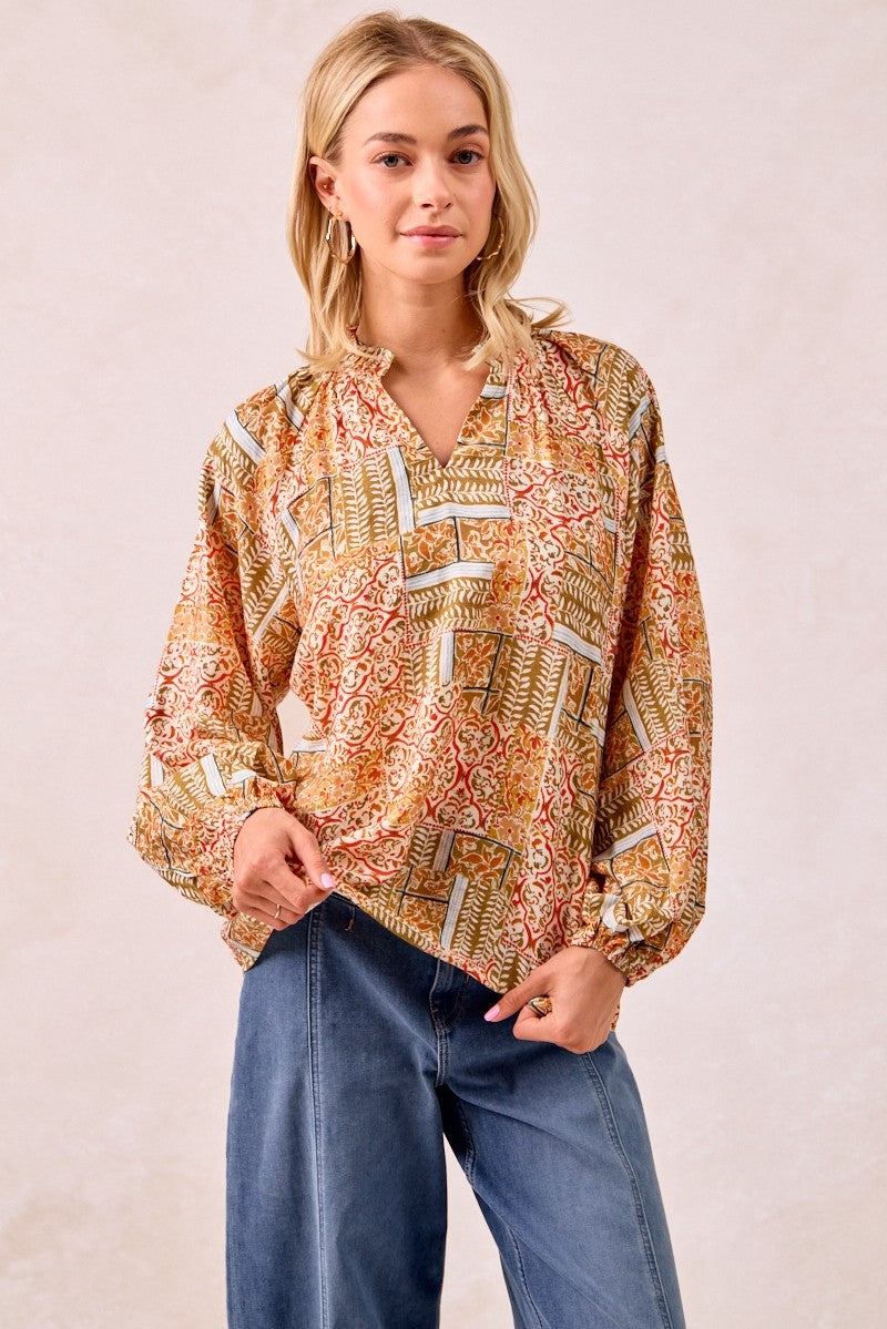 Printed V-Neck Blouse