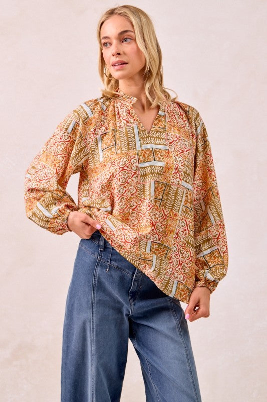 Printed V-Neck Blouse
