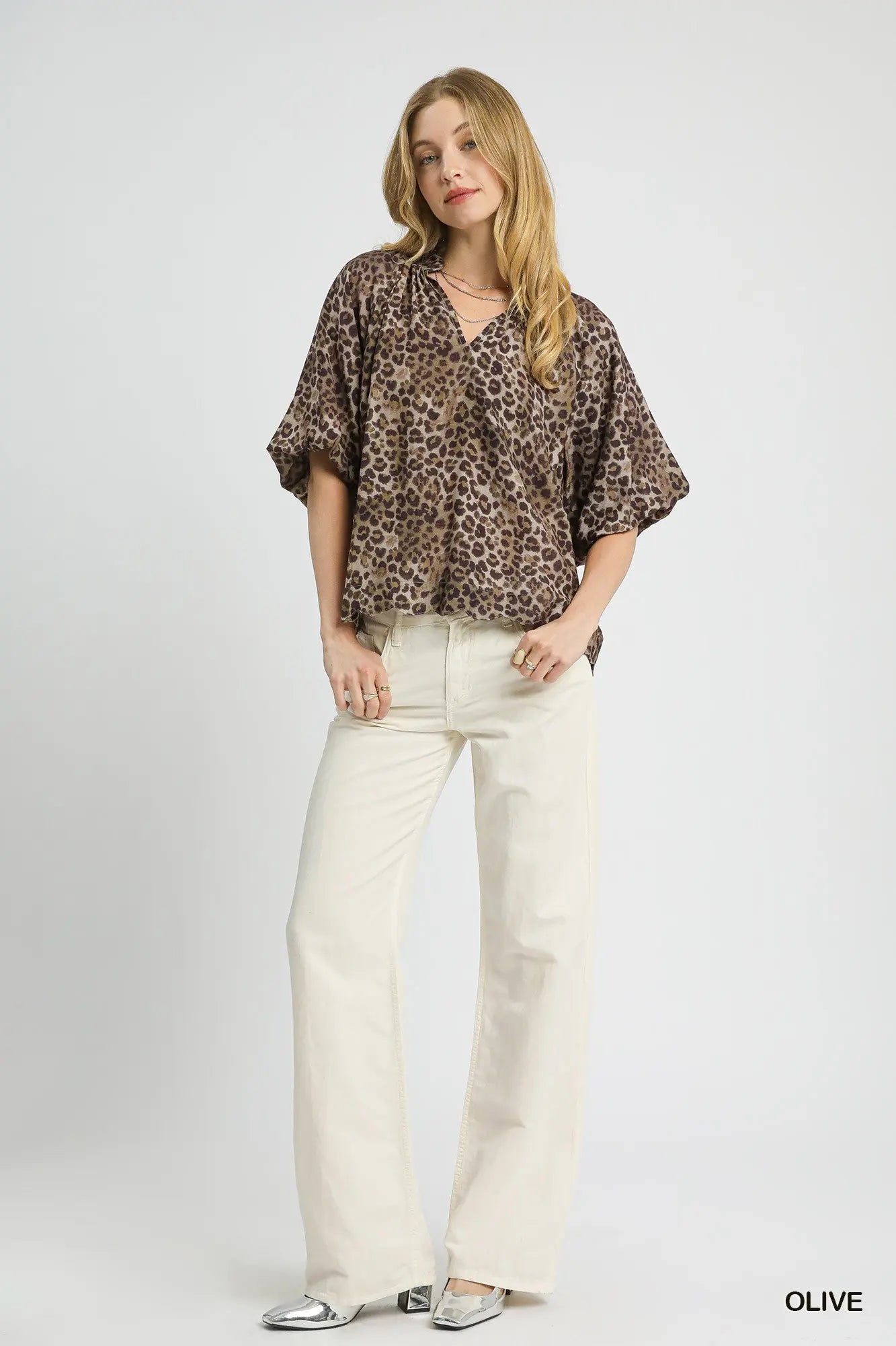 Leopard Bubble Sleeve Blouse