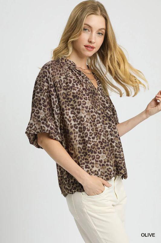 Leopard Bubble Sleeve Blouse