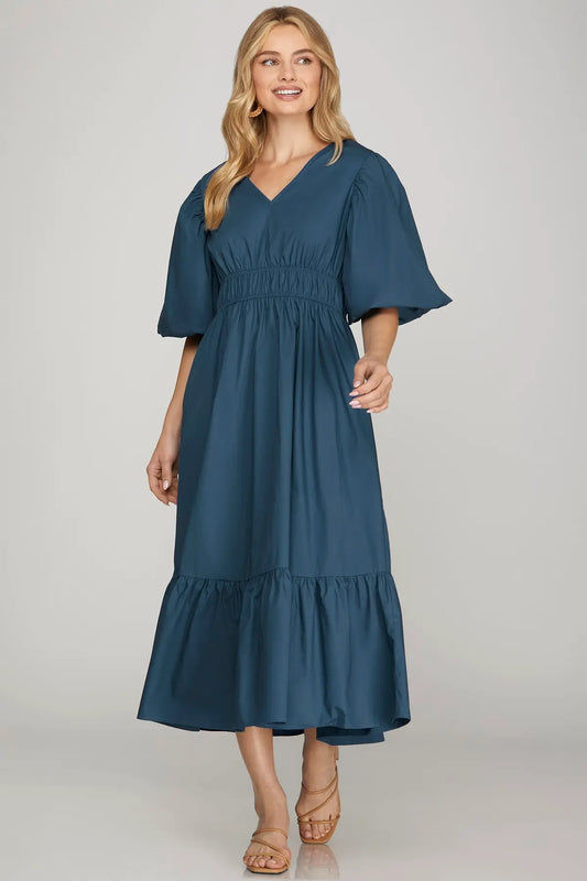 Bubble Sleeve Midi Dress