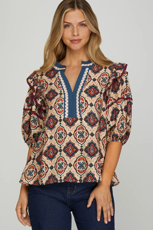 Printed Puff Sleeve V Neck Top