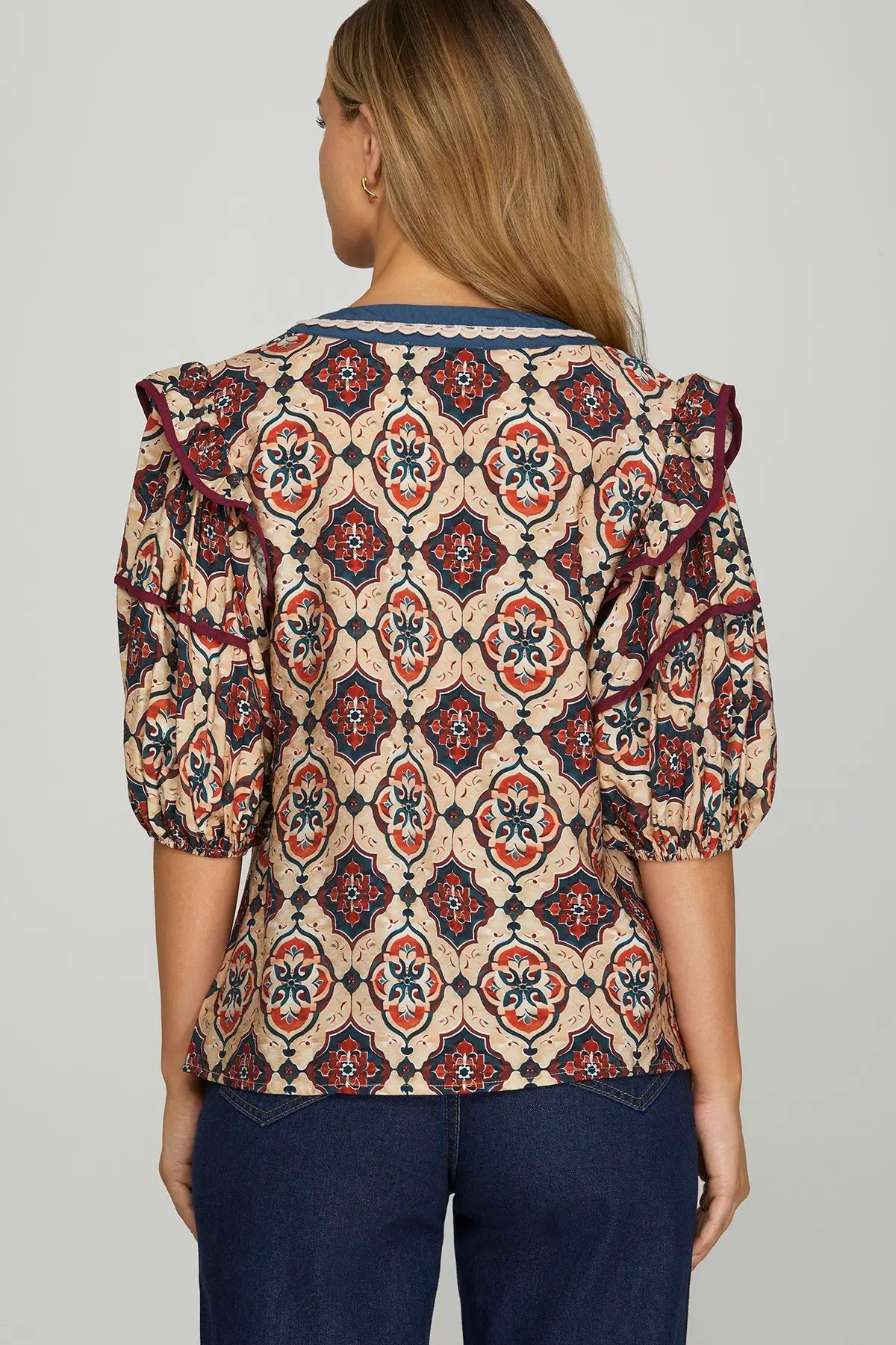 Printed Puff Sleeve V Neck Top