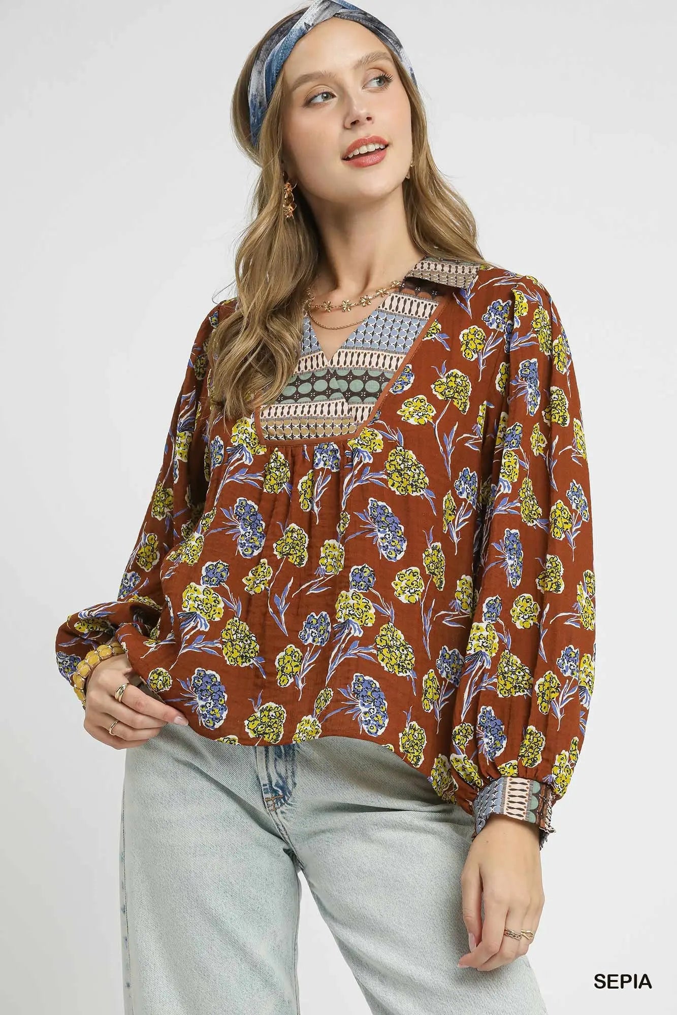 Umgee Floral Print Collar Blouse