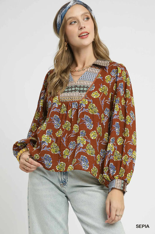 Umgee Floral Print Collar Blouse