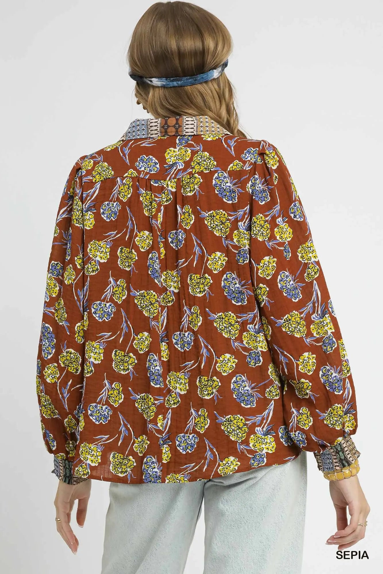 Umgee Floral Print Collar Blouse