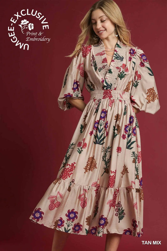 Umgee Mix Floral Print Midi Dress