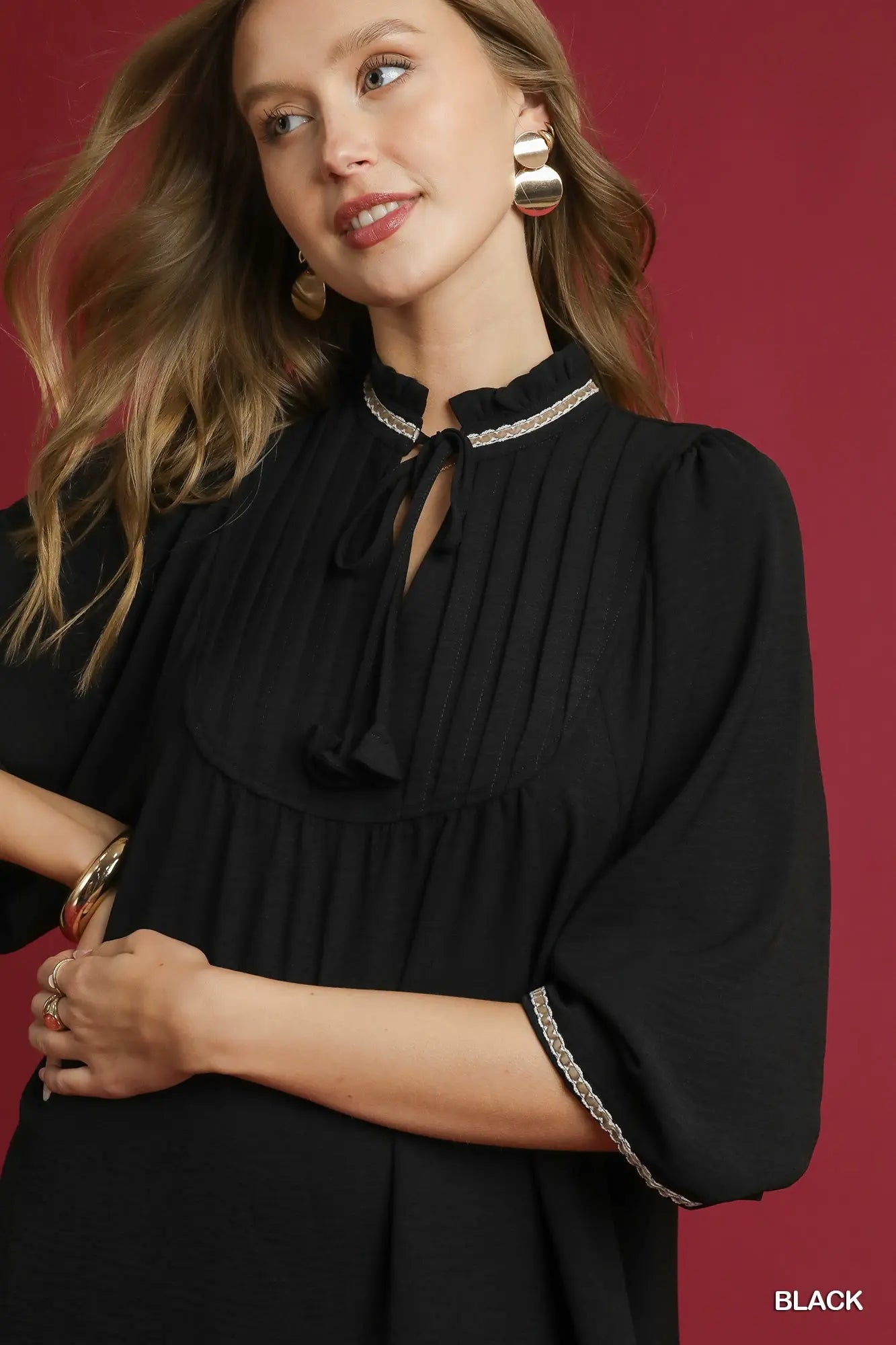 Umgee Pleated Smock Tiered Mini Dress