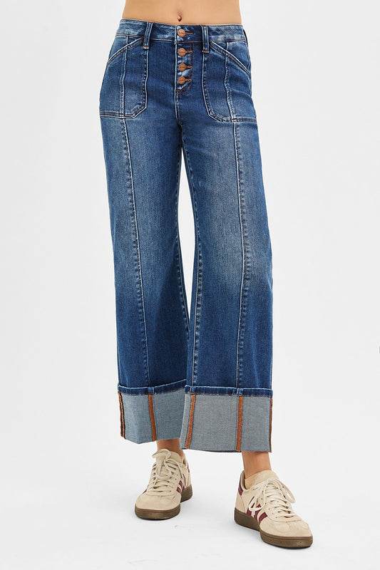 Risen High Rise Wide Leg Straight Cuffed Jean