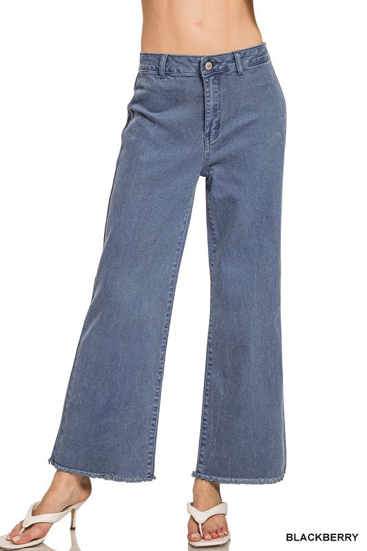 Zenana Acid Wash Frayed Hem Straight Pants