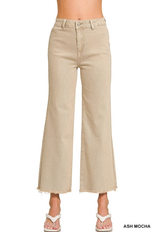 Zenana Acid Wash Frayed Hem Straight Pants