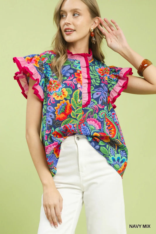 Ruffle Trim Paisley Floral Top