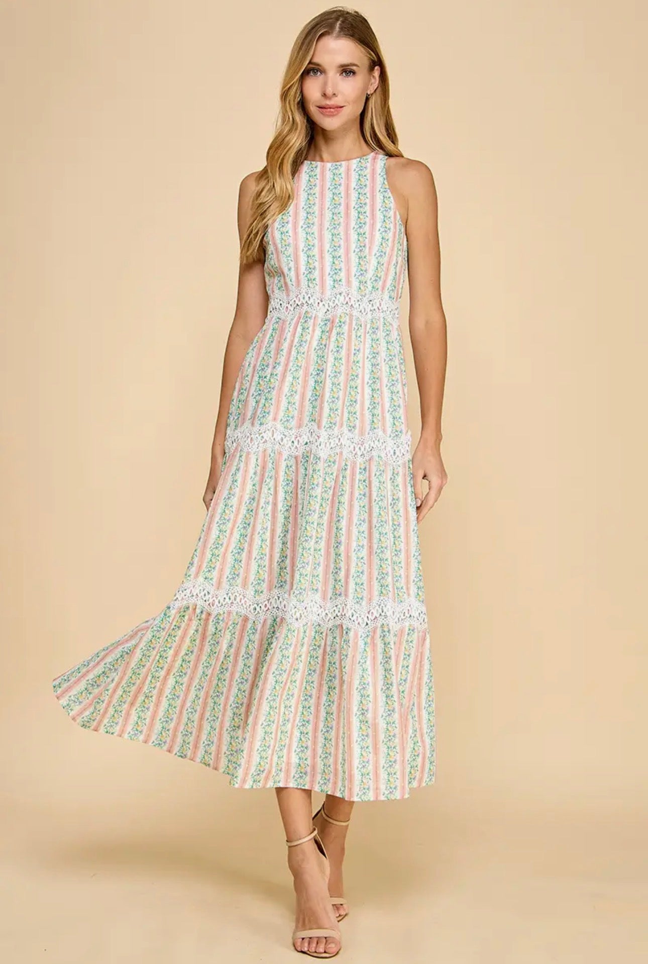 Floral Stripe Lace Accent Midi Dress
