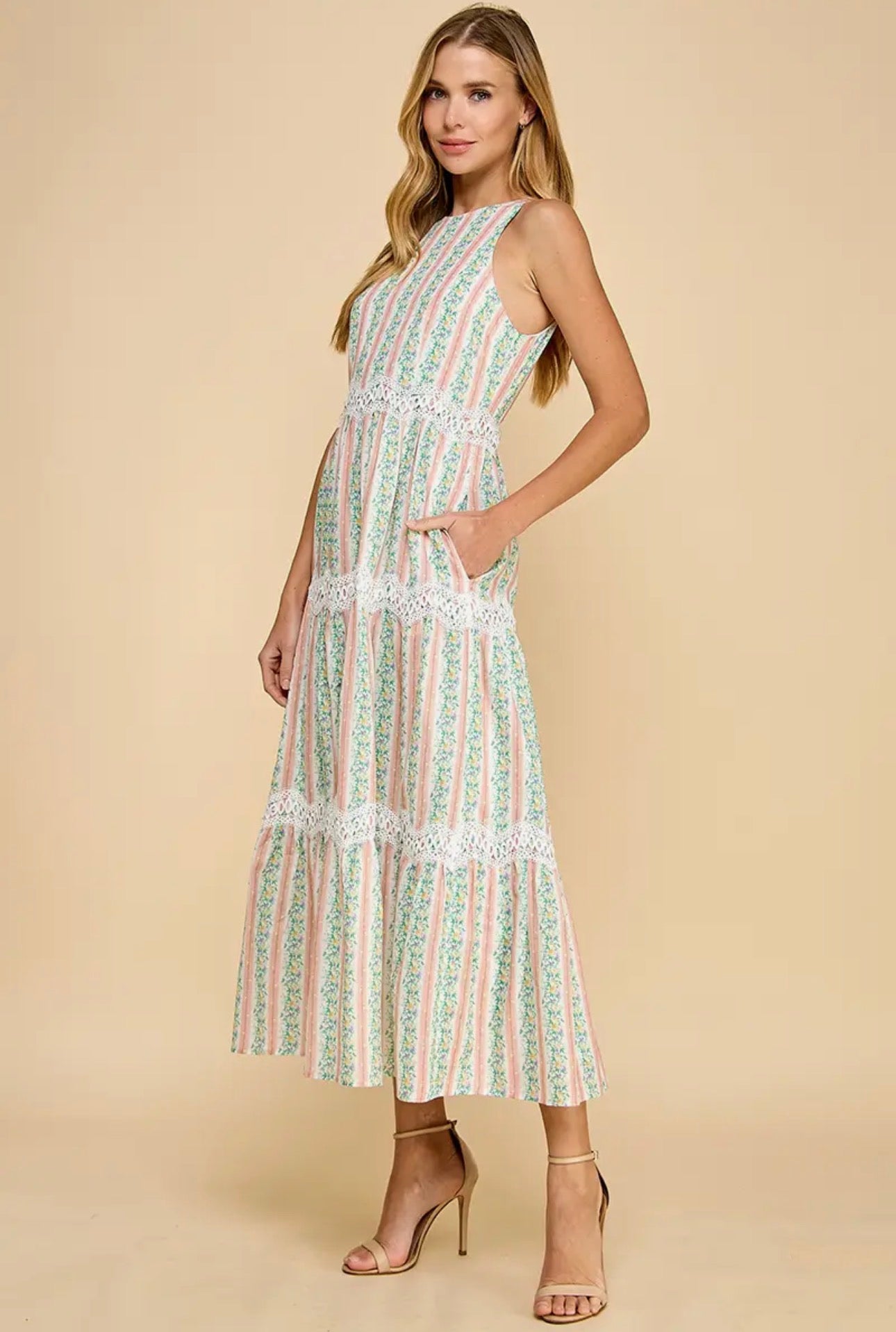 Floral Stripe Lace Accent Midi Dress