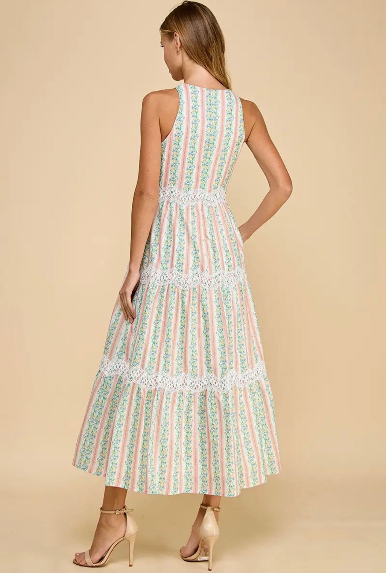 Floral Stripe Lace Accent Midi Dress
