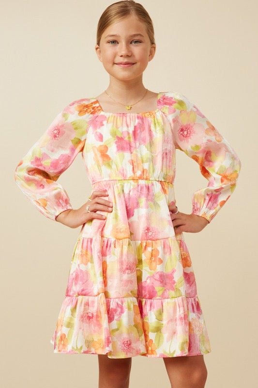 Girls Floral Square Neck Dress