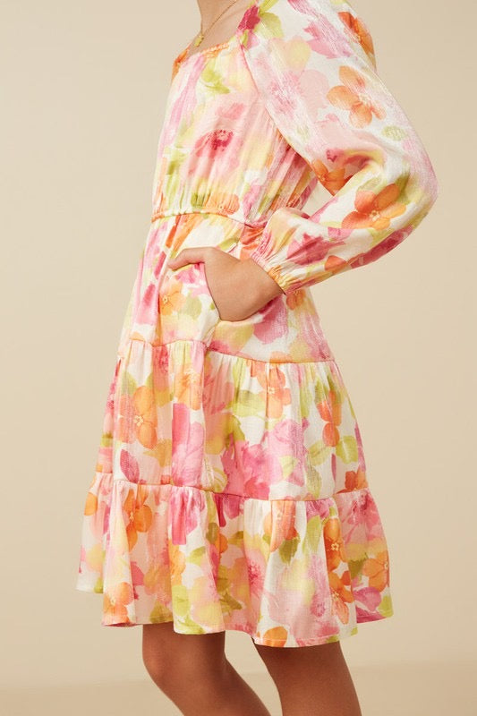 Girls Floral Square Neck Dress