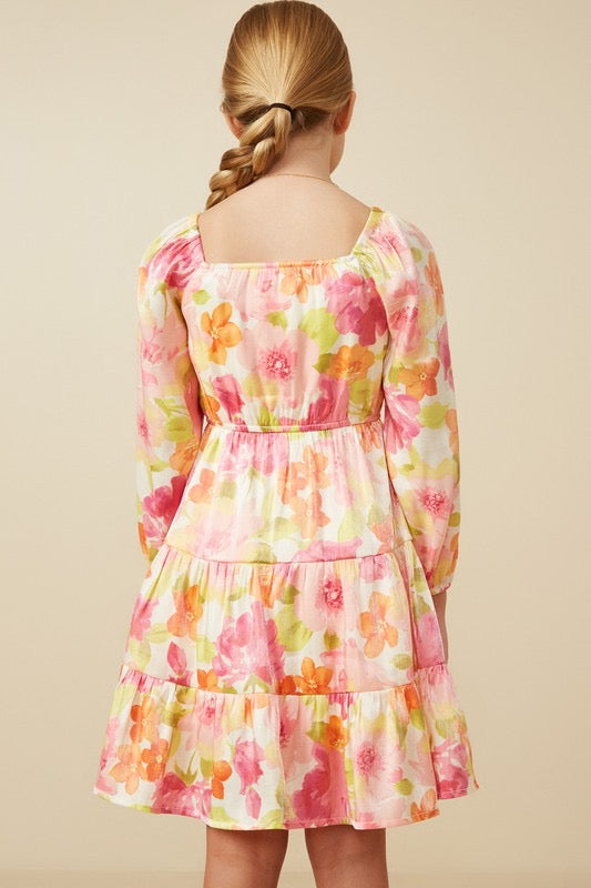Girls Floral Square Neck Dress