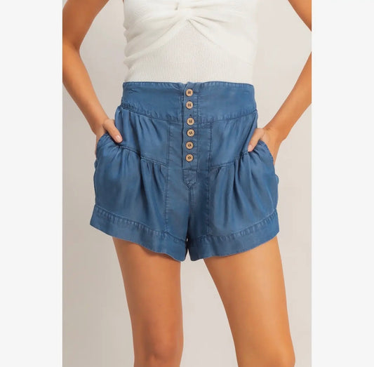 Button Pleated Denim Shorts