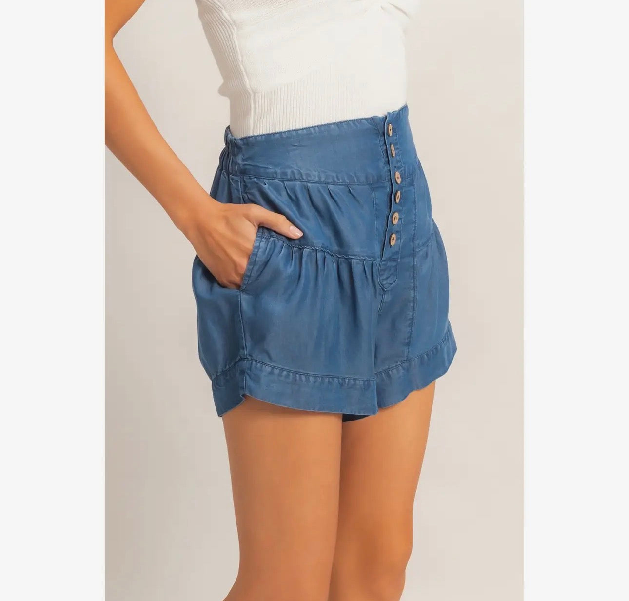 Button Pleated Denim Shorts