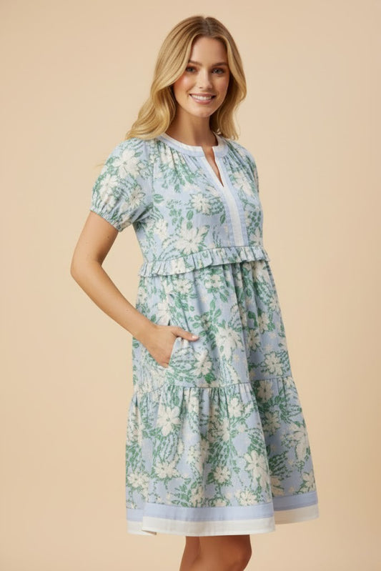 Contrast Banded Puff Sleeve Floral Dress