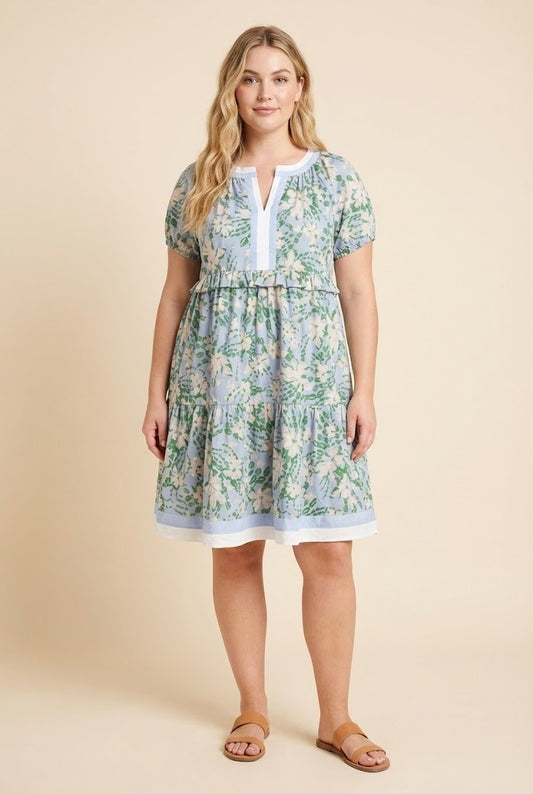 Curvy Contrast Banded Puff Sleeve Floral Dress