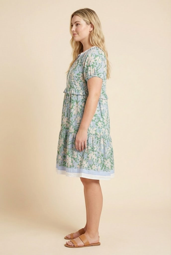 Curvy Contrast Banded Puff Sleeve Floral Dress