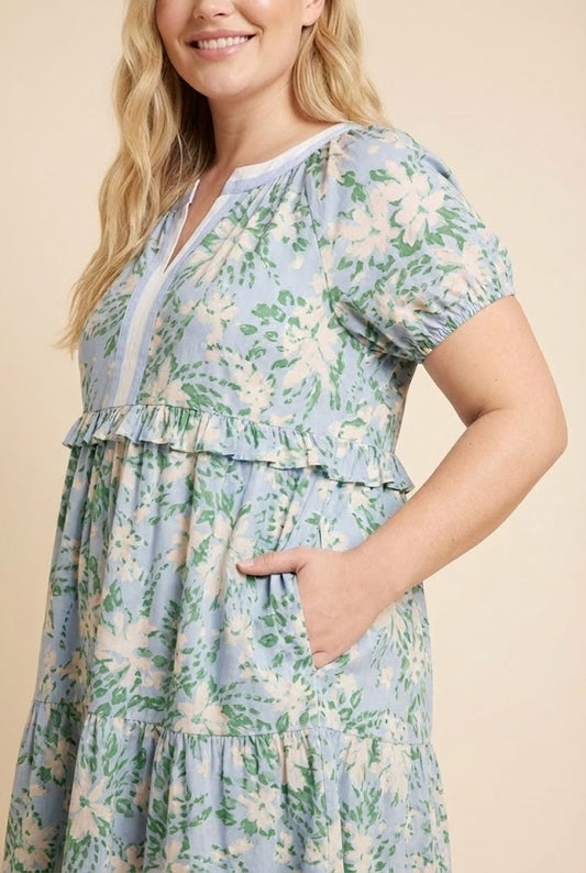 Curvy Contrast Banded Puff Sleeve Floral Dress