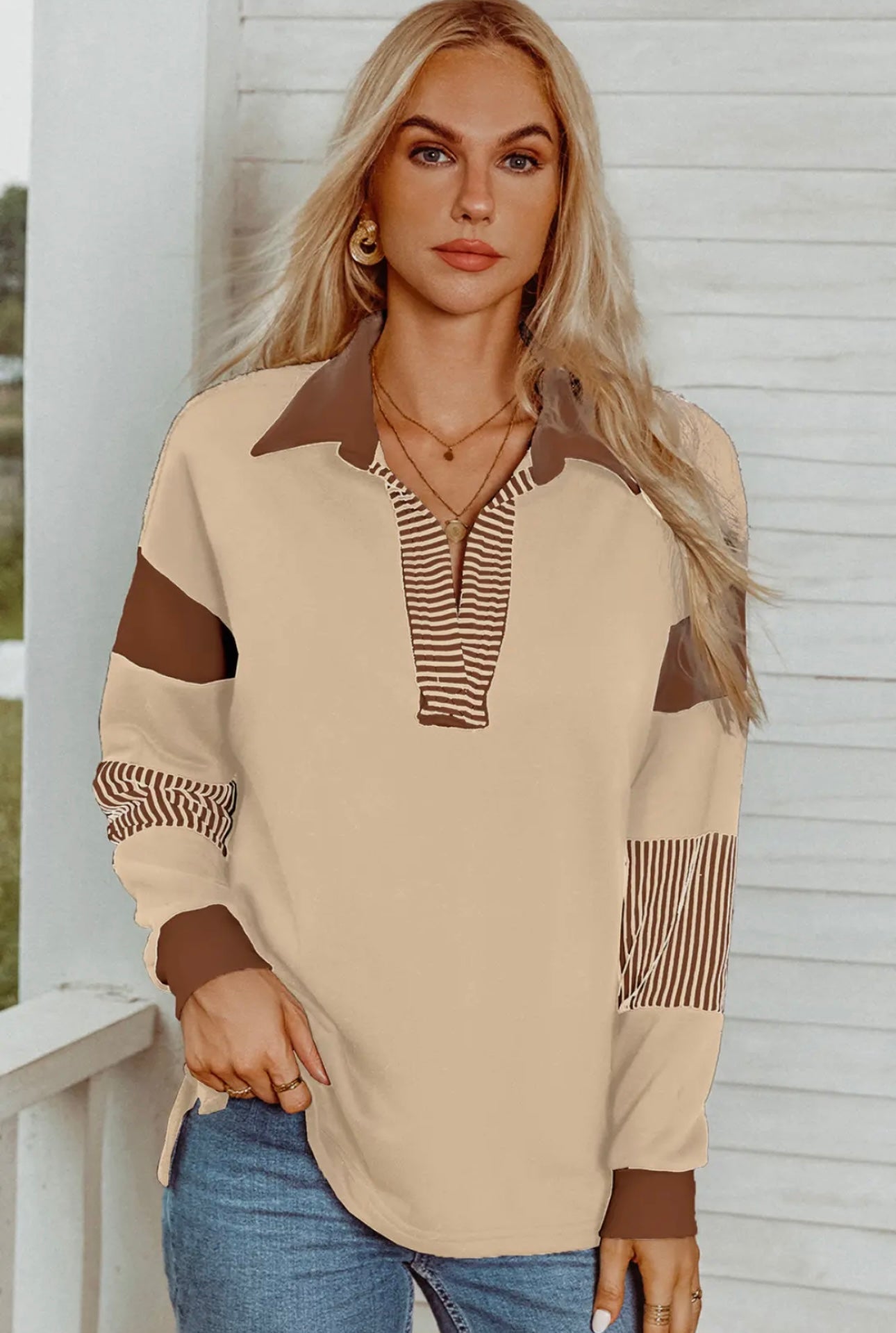 Striped Colorblock Patchwork Collar Sweatshirt