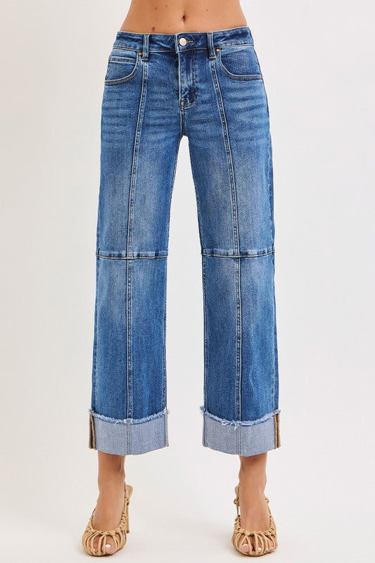 Risen Crop Wide Seam Detailed Jeans