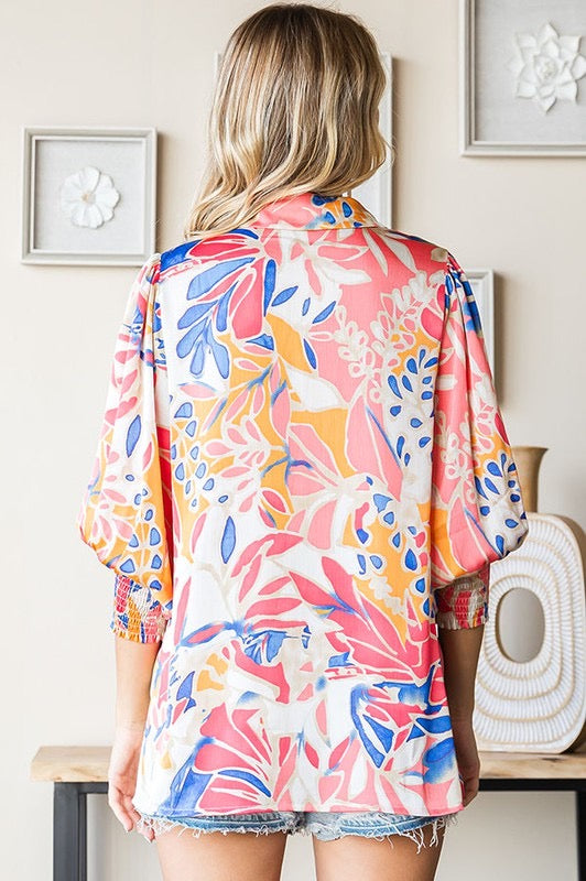 Leaf Print 3/4 Sleeve Satin Top