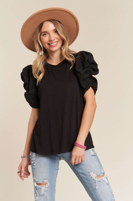Ruched Eyelet Sleeve Top