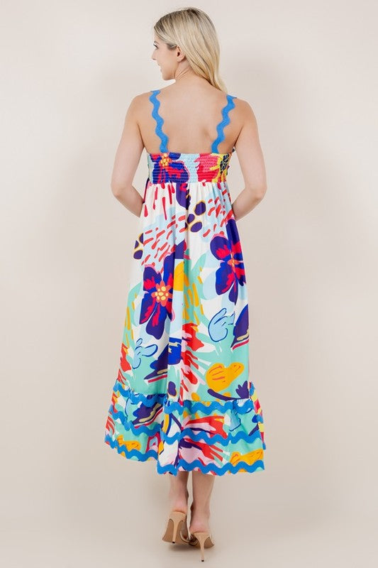 Ric Rac Trim Printed Midi Dress