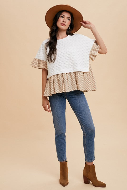 Mix Material RuffleTextured Knit Top