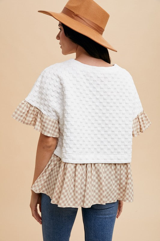 Mix Material RuffleTextured Knit Top