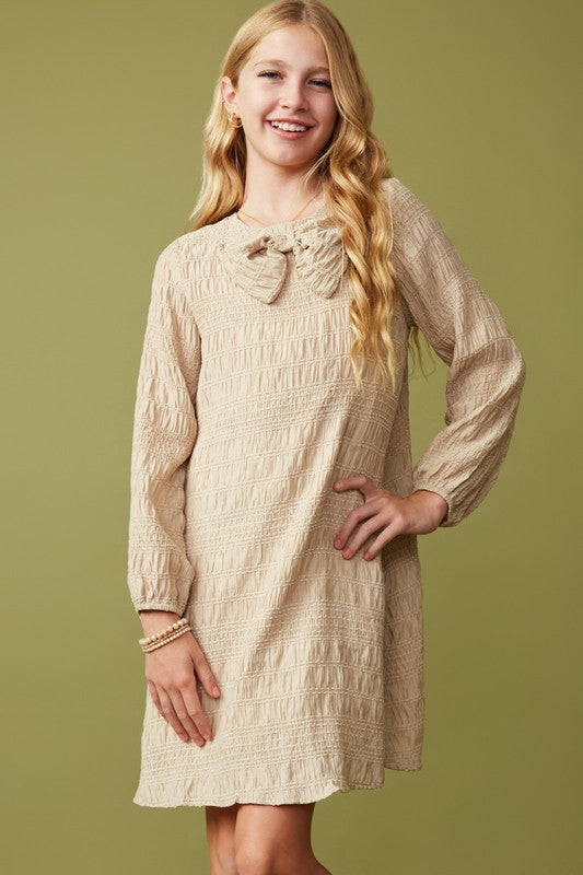 Girls Bow Detail Textured Dress