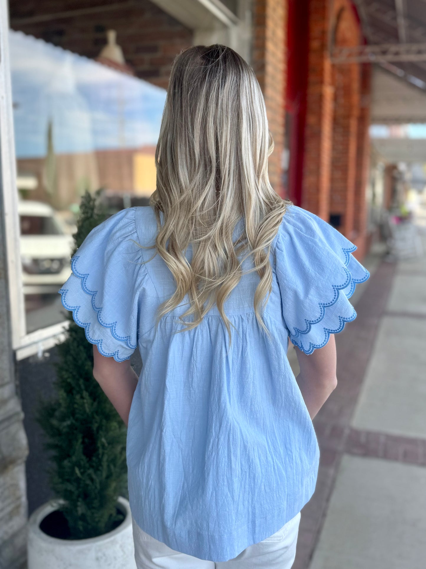 Round Neck Top with Embroidered Scalloped Sleeves