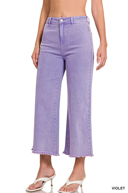 Zenana Acid Wash Frayed Hem Straight Pants