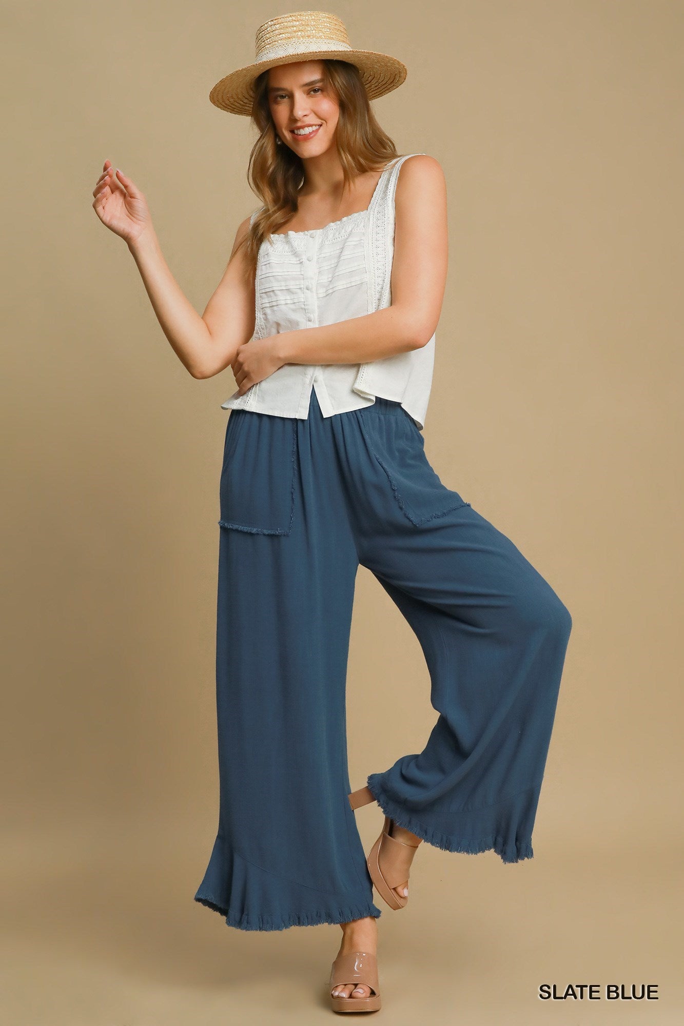 Linen Wide Frayed Hem Pants