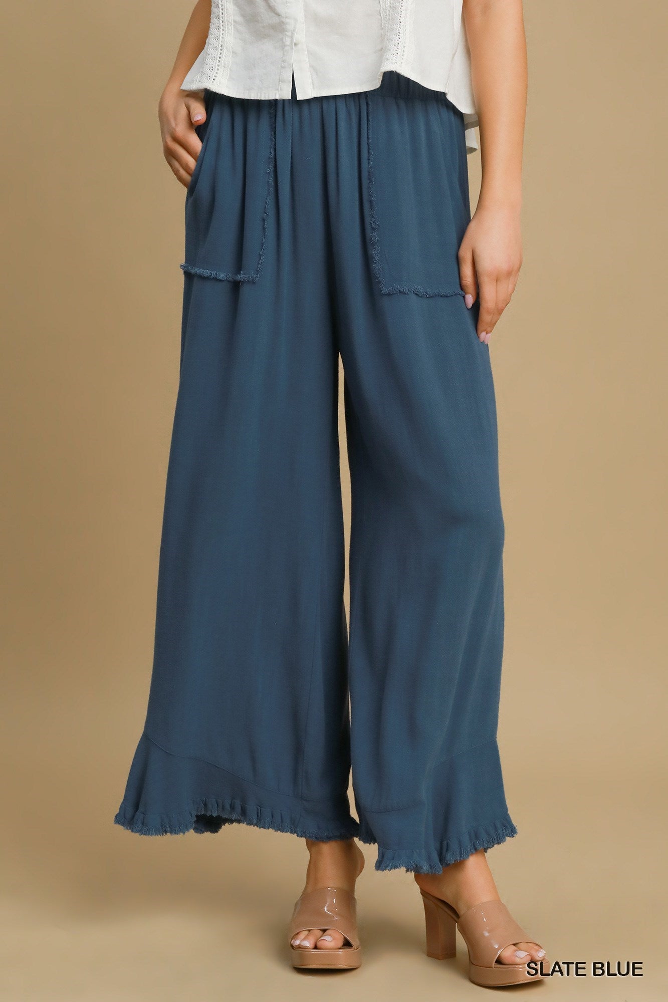 Linen Wide Frayed Hem Pants