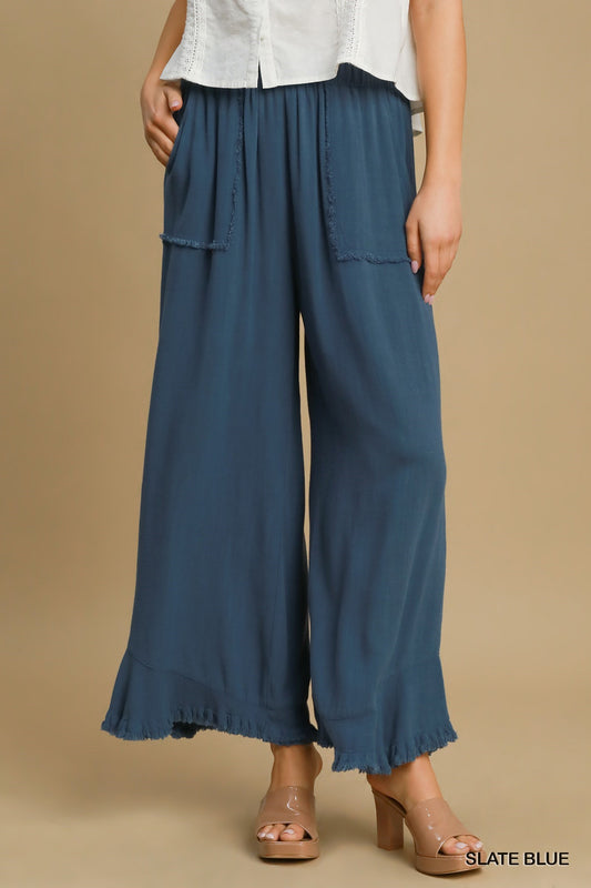 Linen Wide Frayed Hem Pants