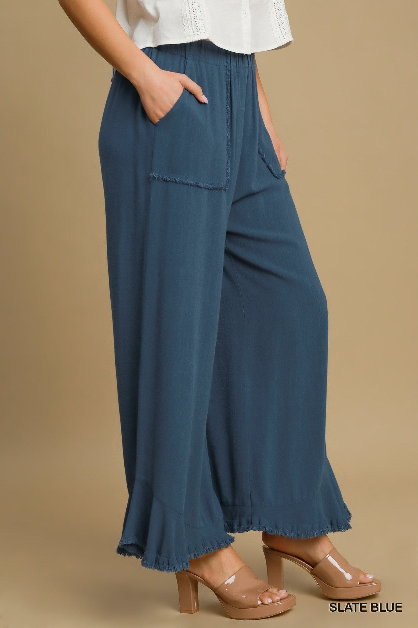 Linen Wide Frayed Hem Pants