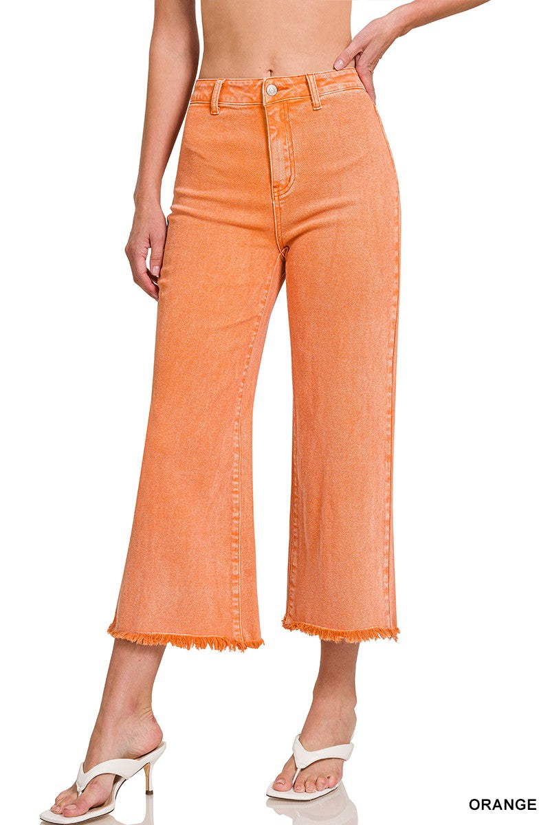 Zenana Acid Wash Frayed Hem Straight Pants