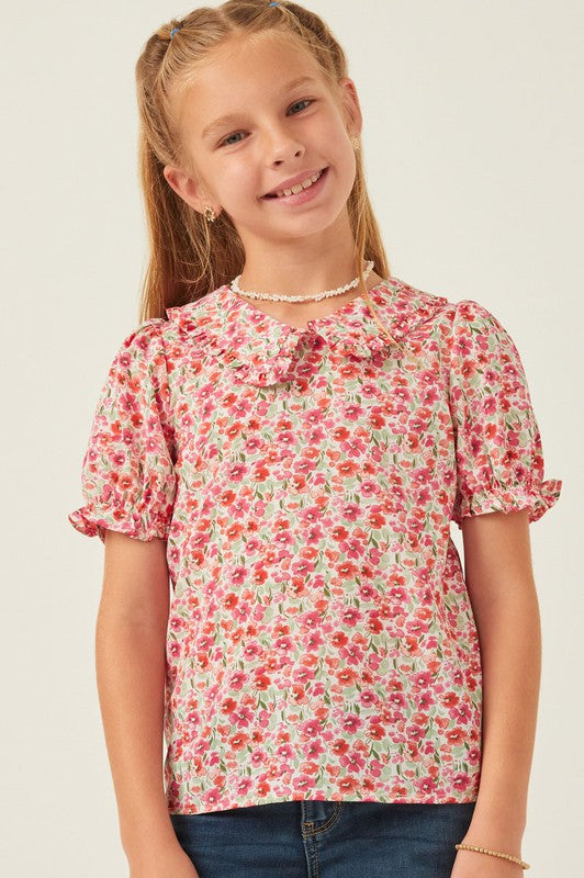 Girls Floral Peter Pan Collar Top