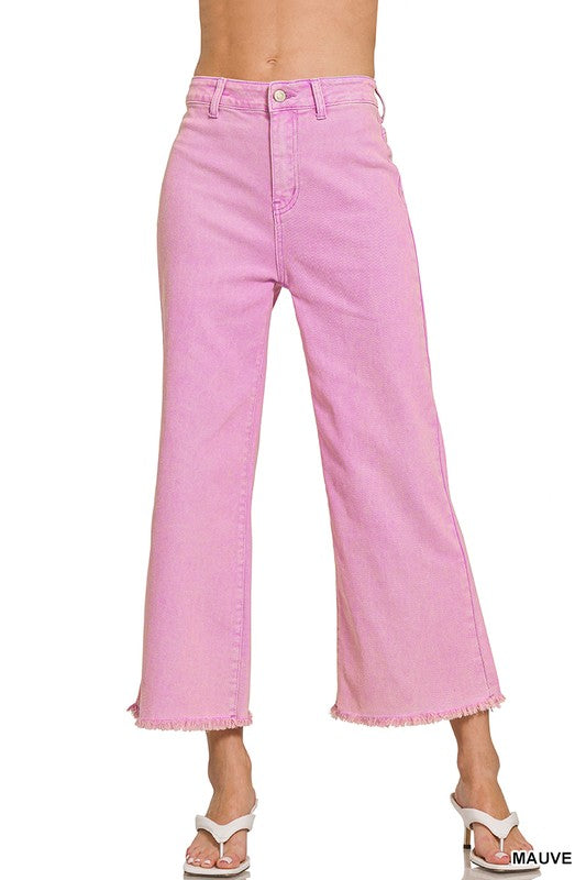 Zenana Acid Wash Frayed Hem Straight Pants