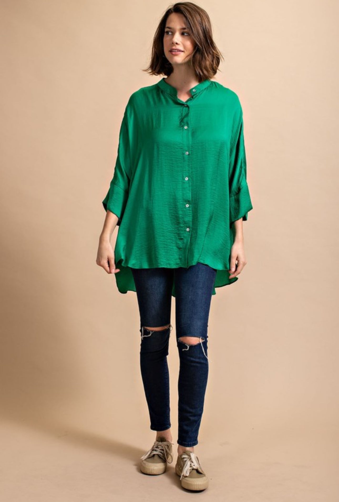 Washed Satin Button Down Loose Fit Top