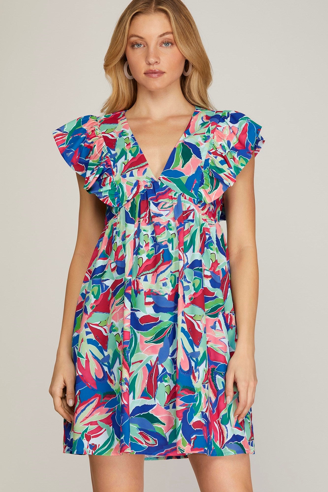 Ruffle Shoulder Printed Dress