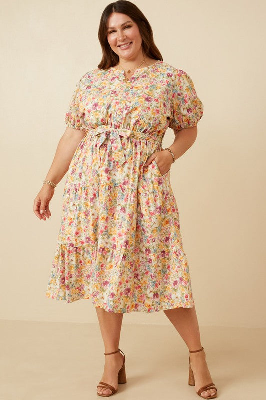 Plus Floral Print Belted Dress